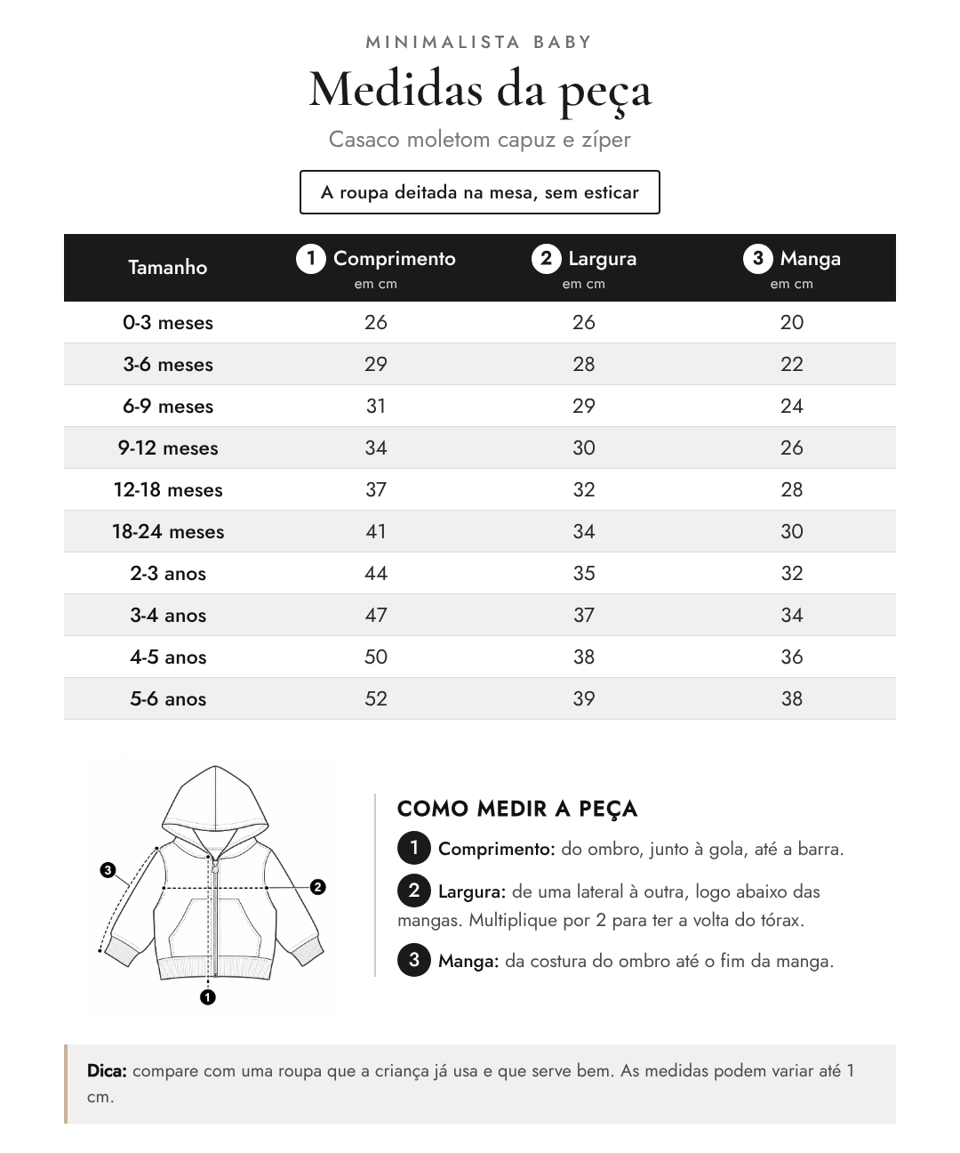 Tabela de medidas da peça | Casaco moletom capuz e zíper