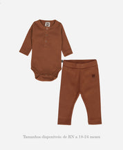 Conjunto Body Manga Longa + Calça Slim Canelada Bebê Liso Ginger Caramelo Alaranjado 100% Algodão MiniMalista