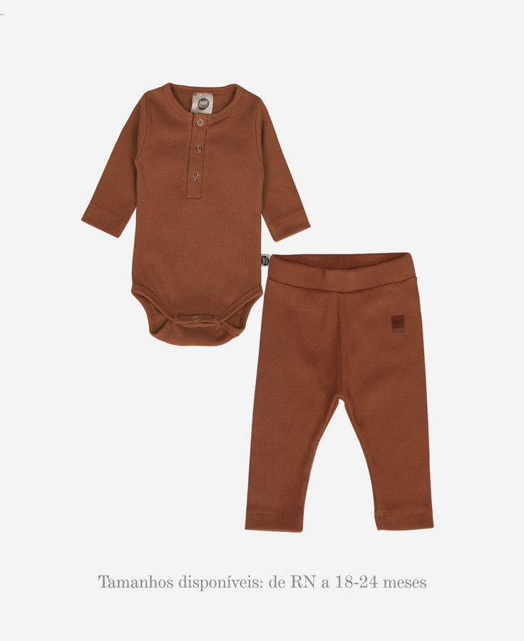 Conjunto Body Manga Longa + Calça Slim Canelada Bebê Liso Ginger Caramelo Alaranjado 100% Algodão MiniMalista
