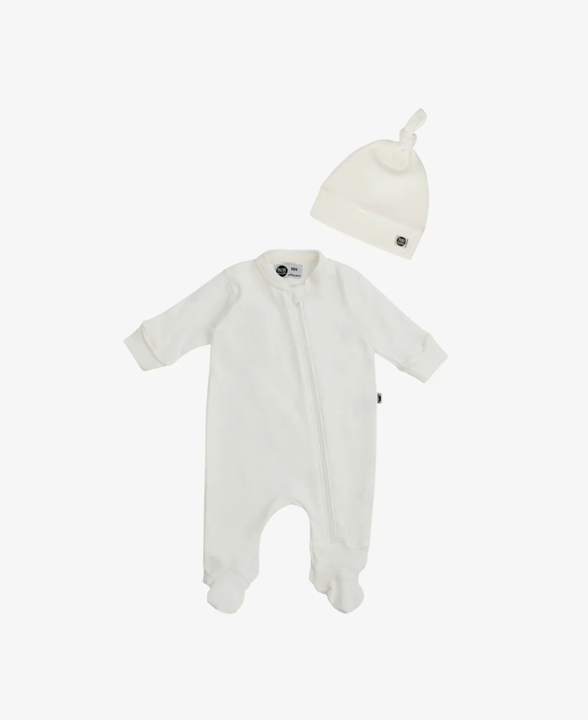 Conjunto Bebê Recém-Nascido Macacão Ziper e Touca Nó | Liso Branco Off