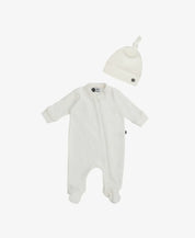 Conjunto Bebê Recém-Nascido Macacão Ziper e Touca Nó | Liso Branco Off