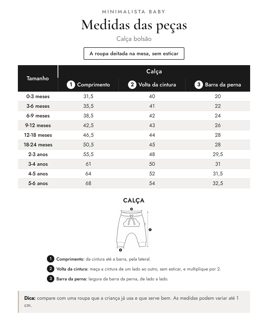 Medidas das peças - Calça bolsão