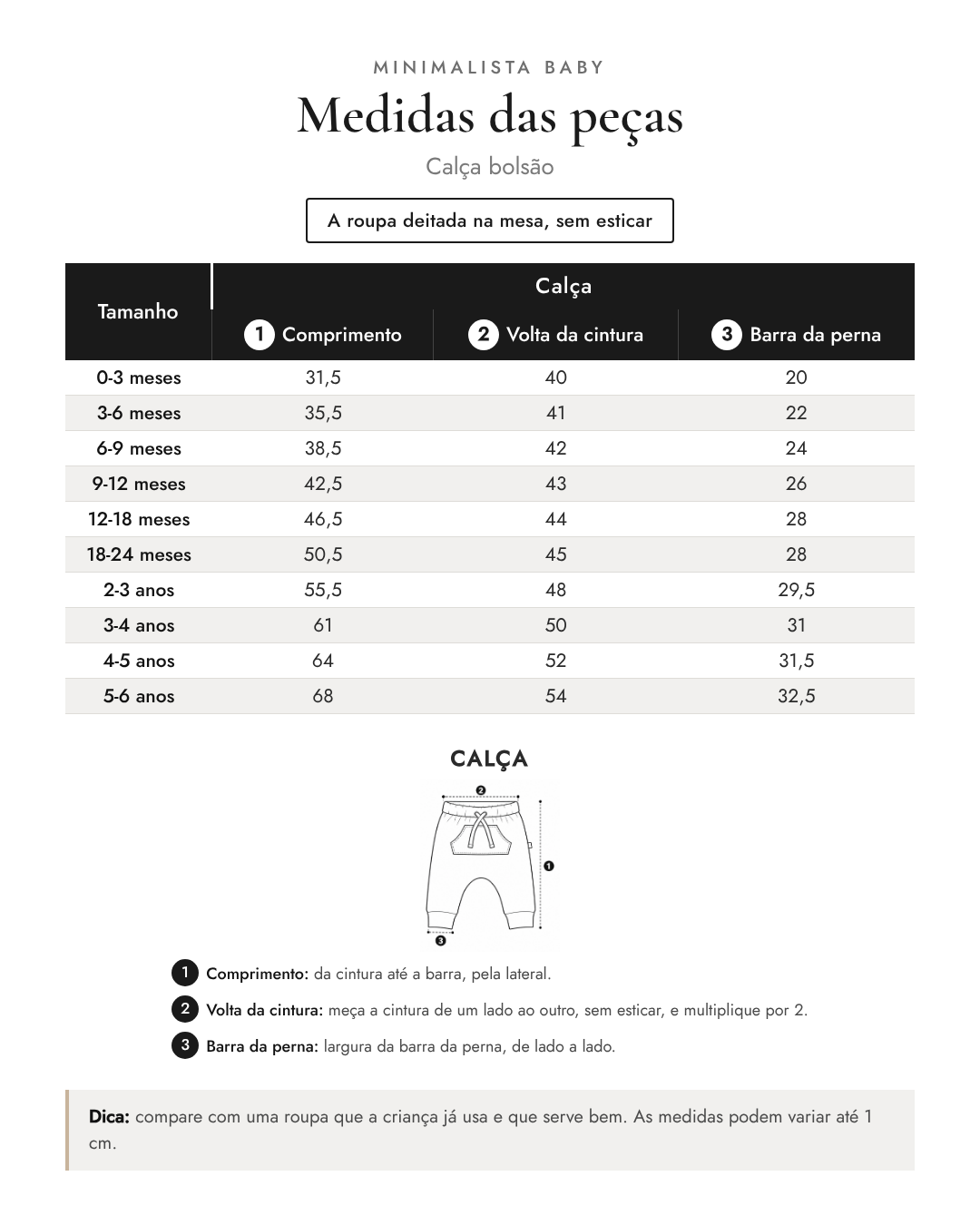 Medidas das peças - Calça bolsão