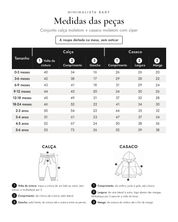 Medidas das peças - Conjunto calça moletom + casaco moletom com zíper