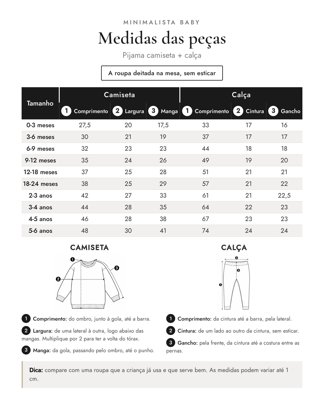 Medidas das peças - Pijama camiseta + calça