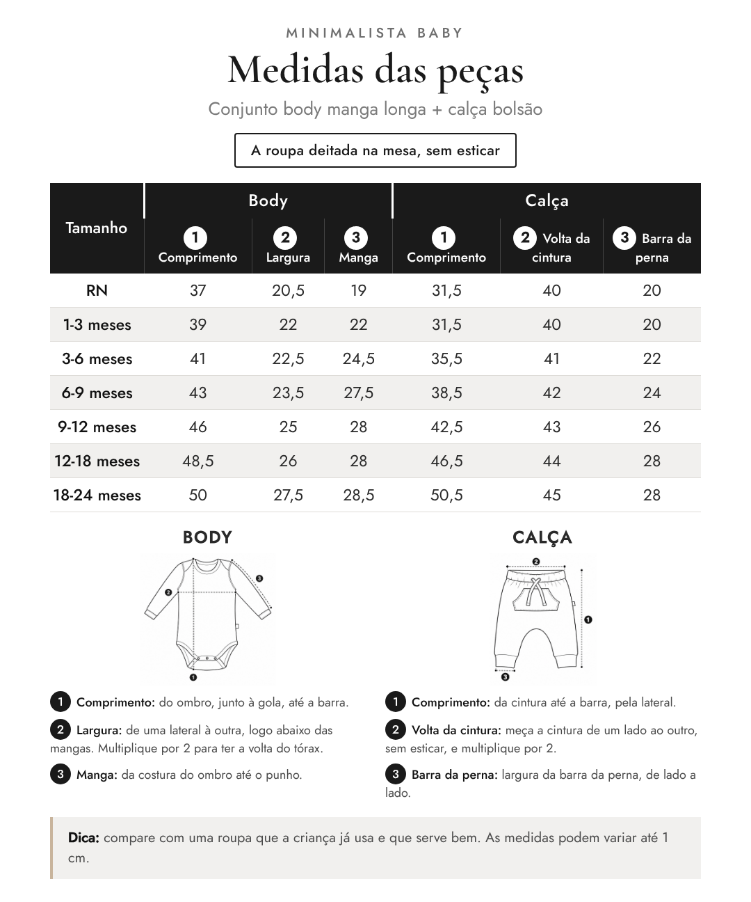 Medidas das peças - Conjunto body manga longa + calça bolsão