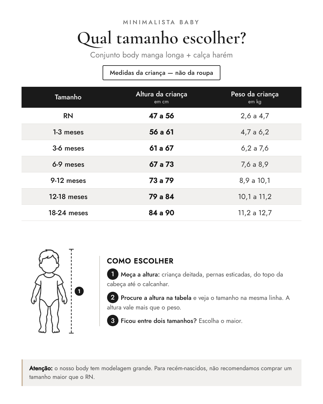 Qual tamanho escolher? Conjunto body manga longa + calça harém