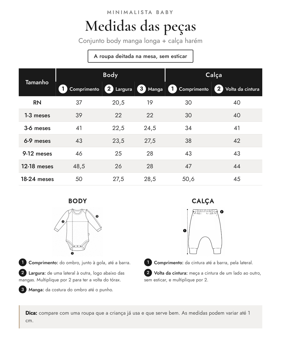 Medidas das peças - Conjunto body manga longa + calça harém