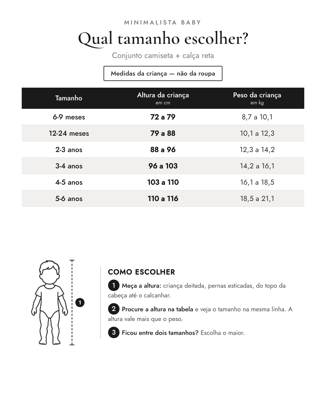 Qual tamanho escolher? Conjunto camiseta + calça reta