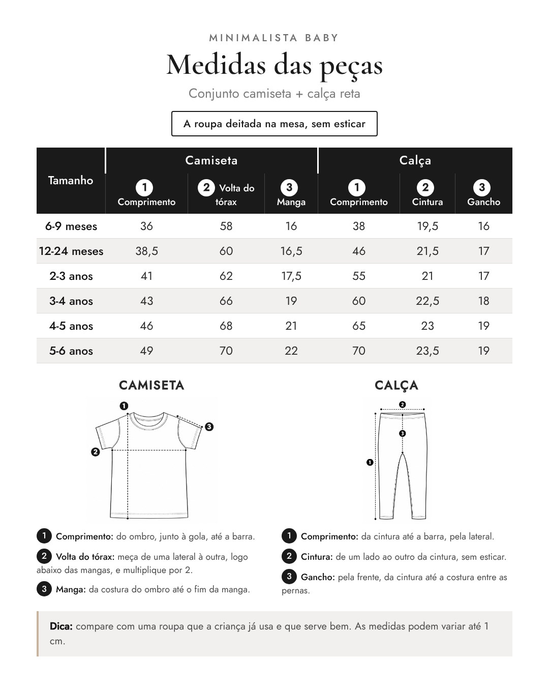 Medidas das peças - Conjunto camiseta + calça reta