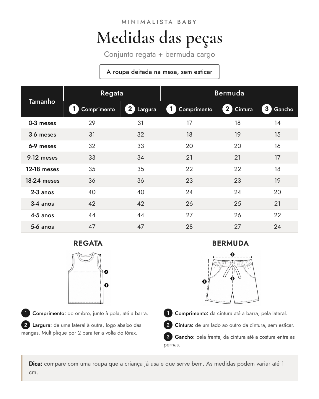 Medidas das peças - Conjunto regata + bermuda cargo