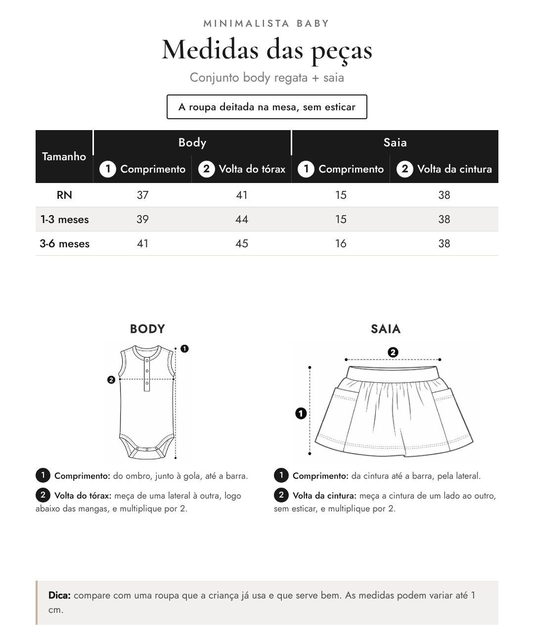 Medidas das peças - Conjunto body regata + saia