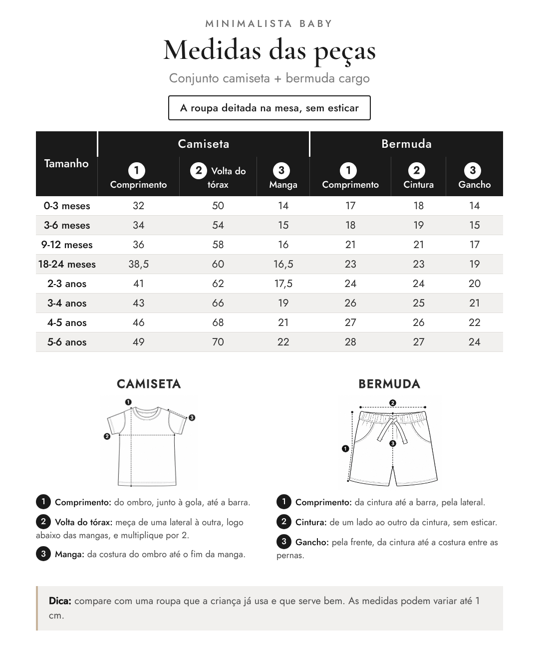 Medidas das peças - Conjunto camiseta + bermuda cargo