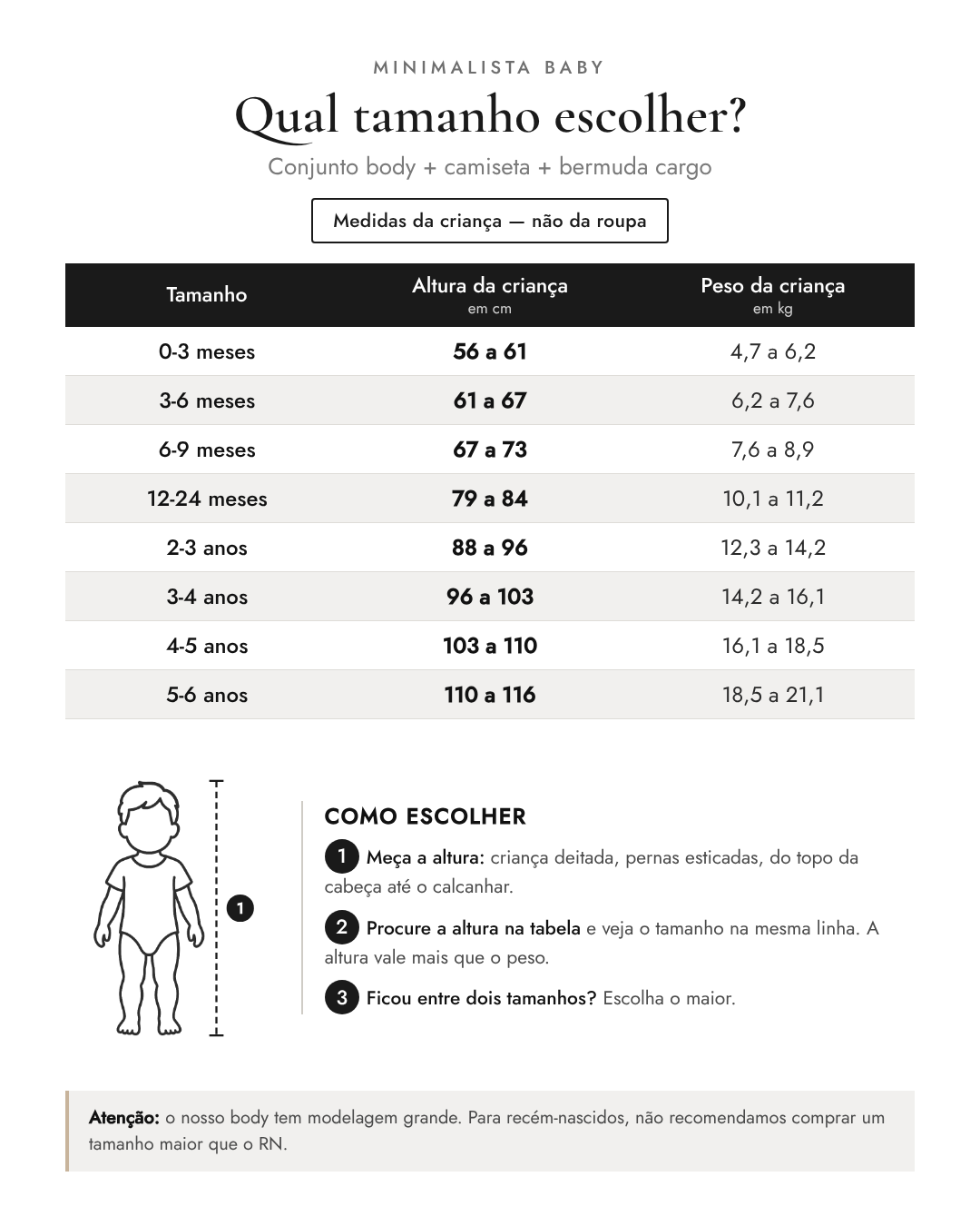 Qual tamanho escolher? Conjunto body + camiseta + bermuda cargo