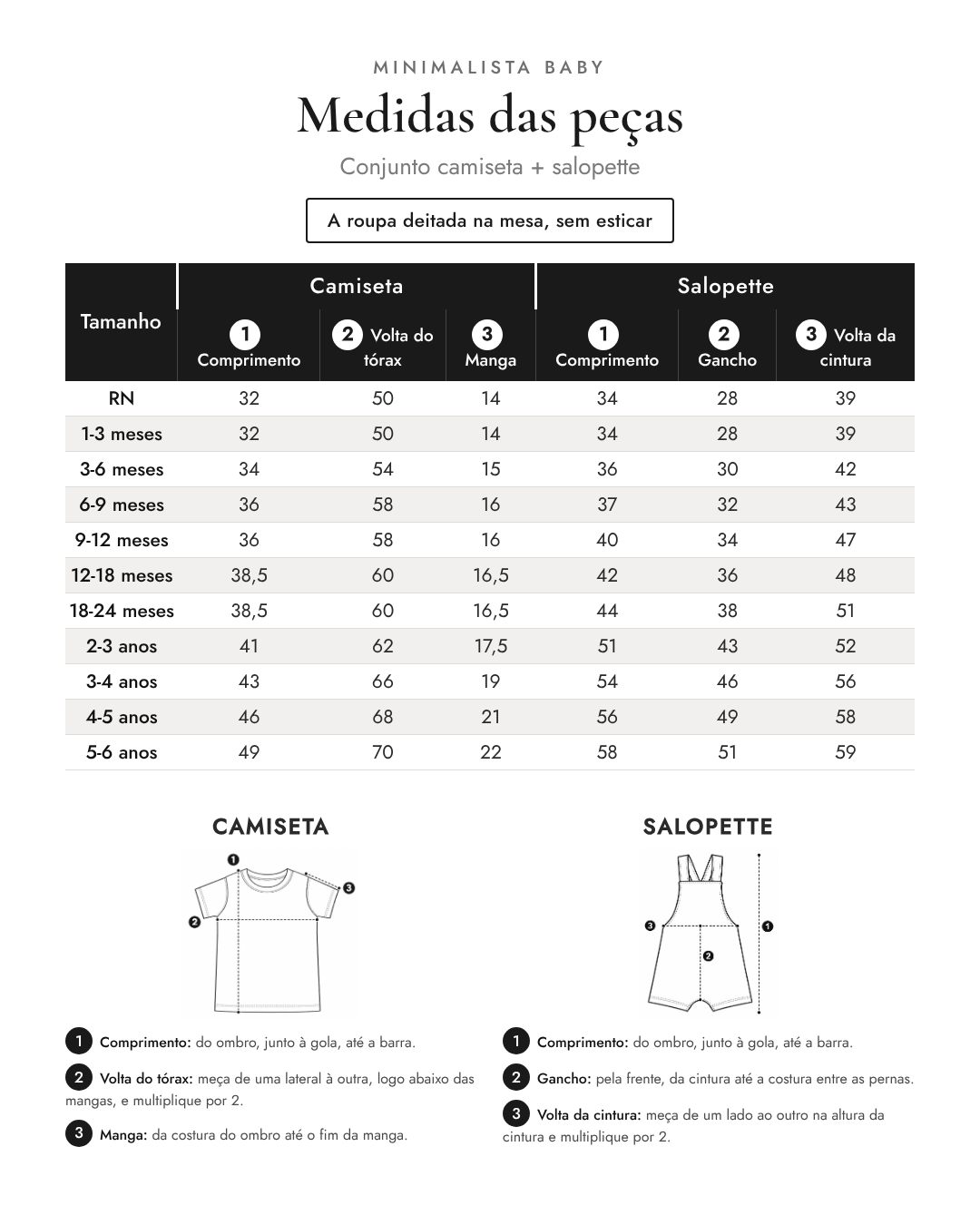 Medidas das peças - Conjunto camiseta + salopette