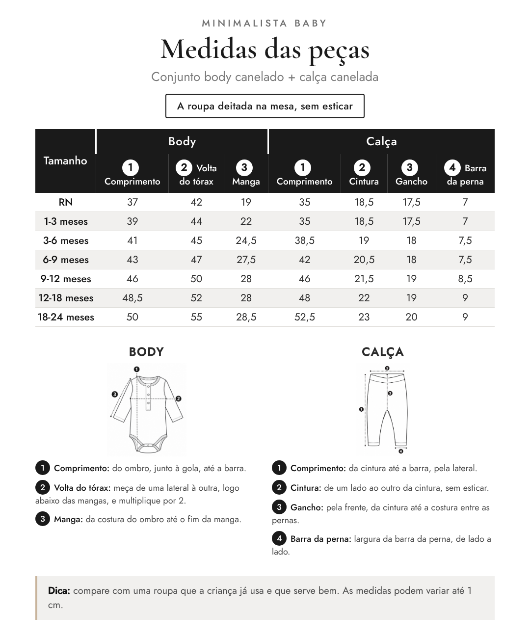 Medidas das peças - Conjunto body canelado + calça canelada