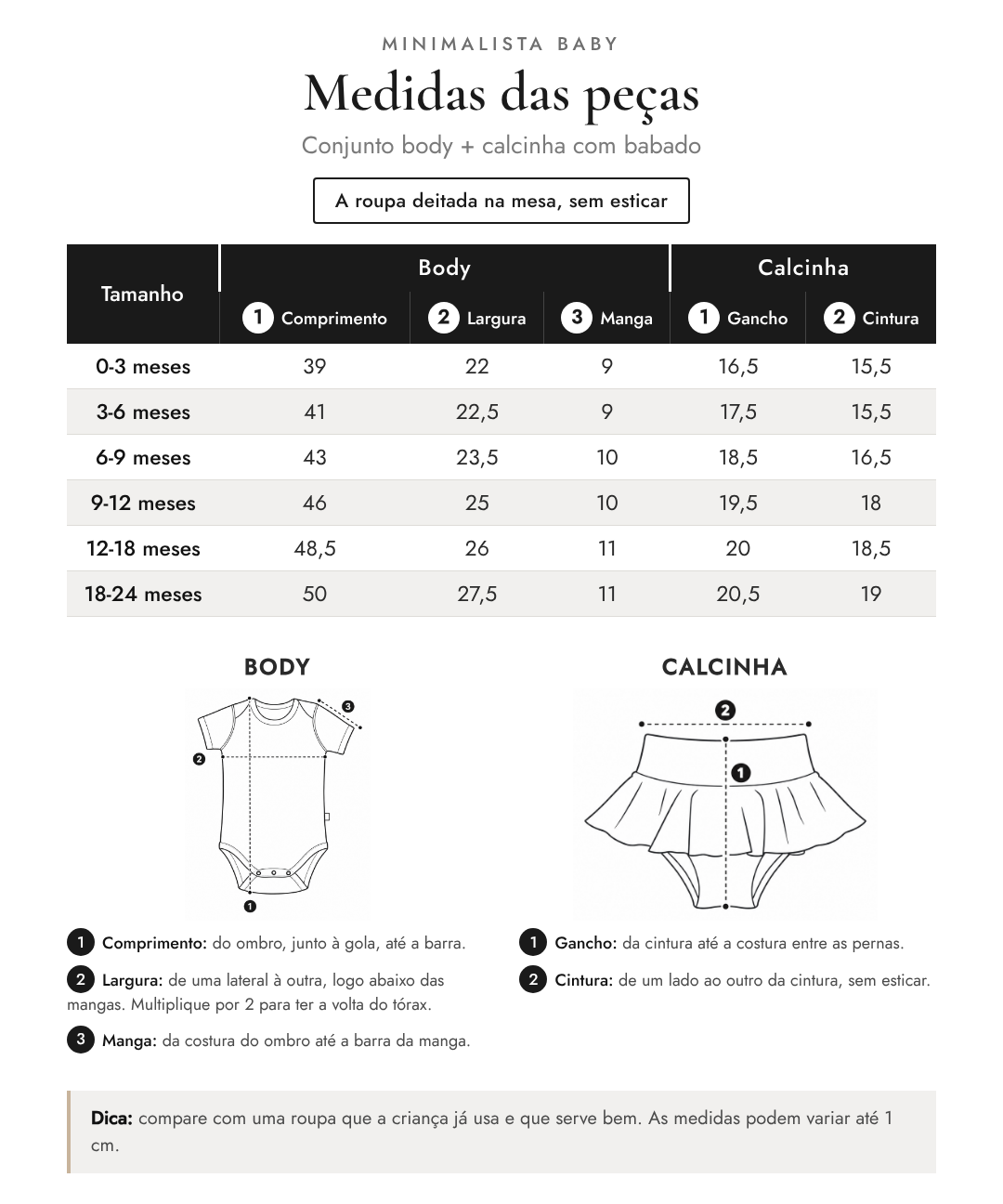 Medidas das peças - Conjunto body + calcinha com babado