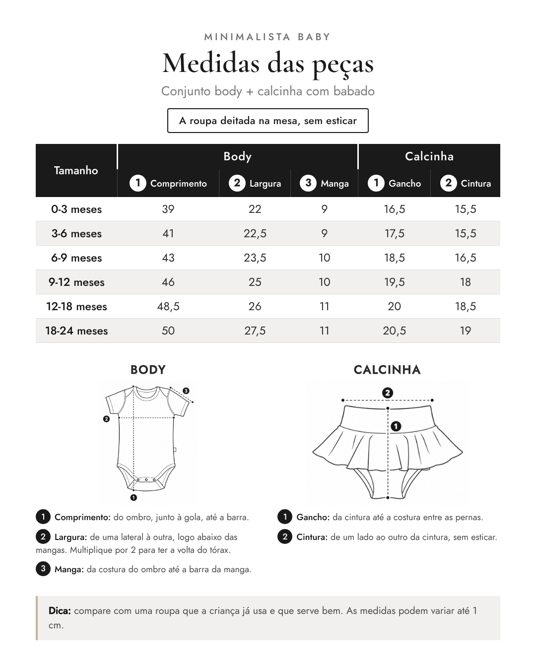 Medidas das peças - Conjunto body + calcinha com babado