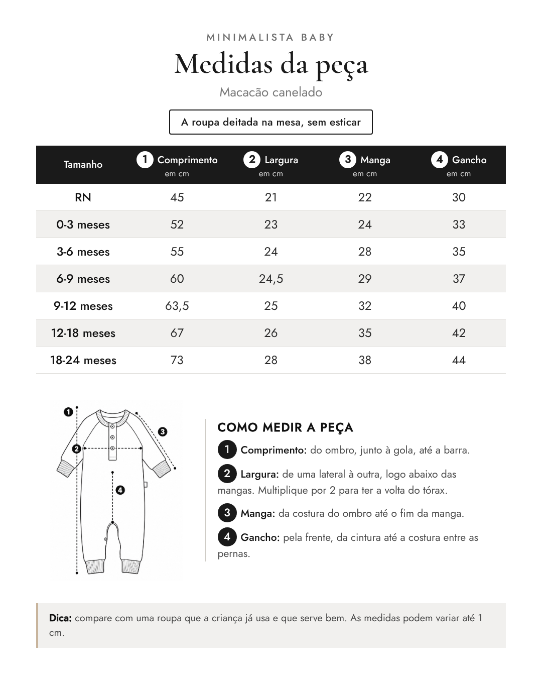 Tabela de medidas da peça | Macacão canelado