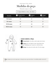 Tabela de medidas da peça | Macacão capuz e zíper