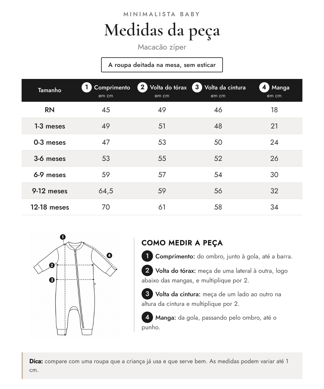 Tabela de medidas da peça | Macacão zíper