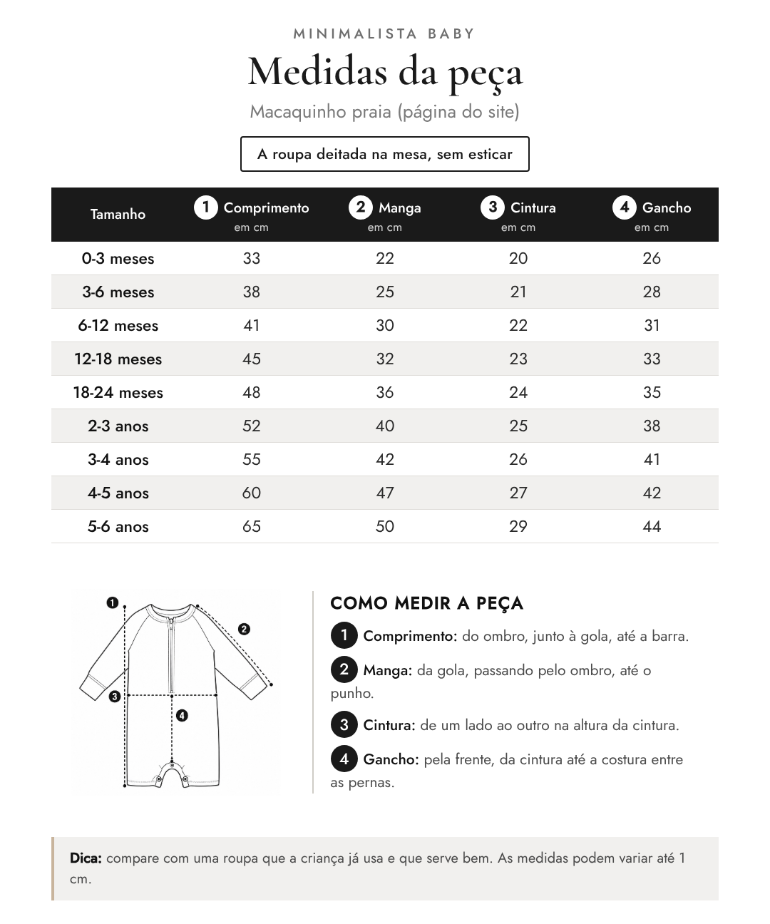 Tabela de medidas da peça | Macaquinho praia (página do site)