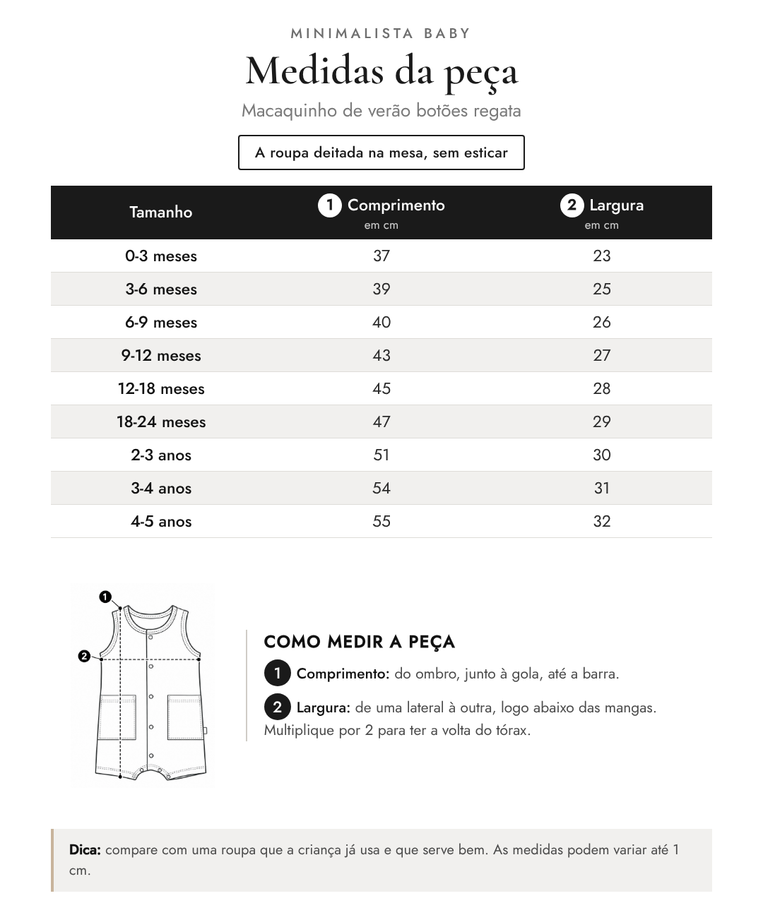 Tabela de medidas da peça | Macaquinho de verão botões regata