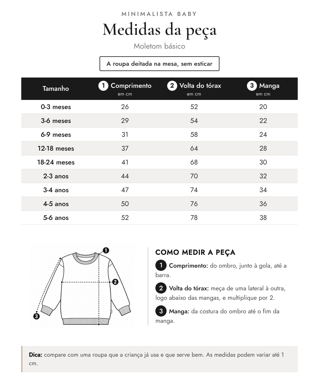 Tabela de medidas da peça | Moletom básico