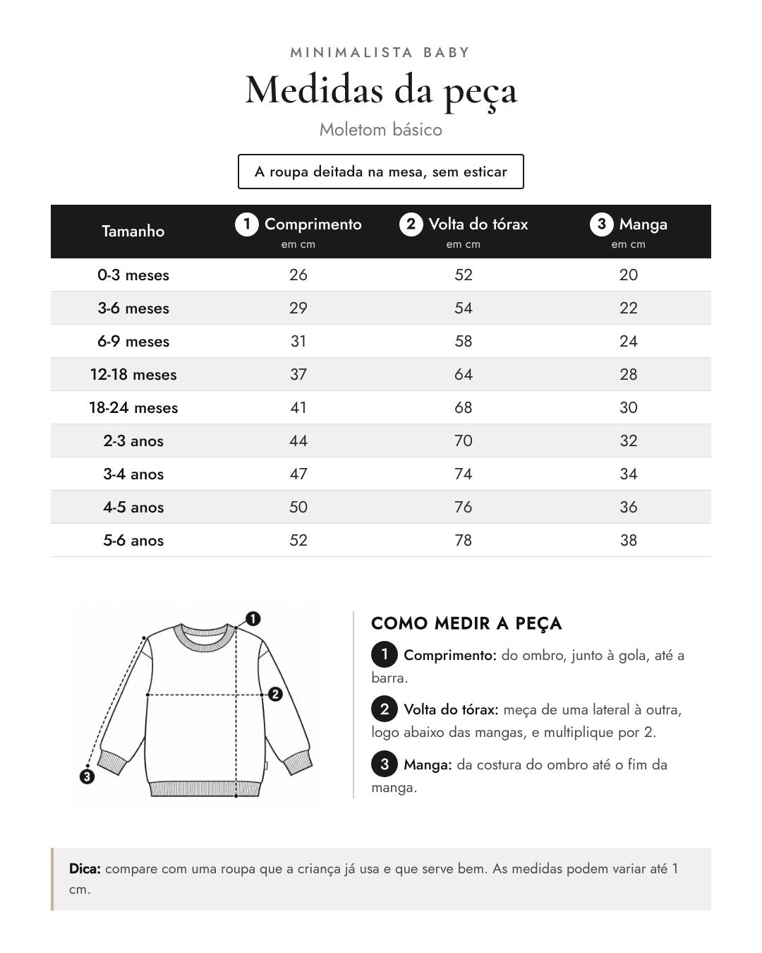 Tabela de medidas da peça | Moletom básico
