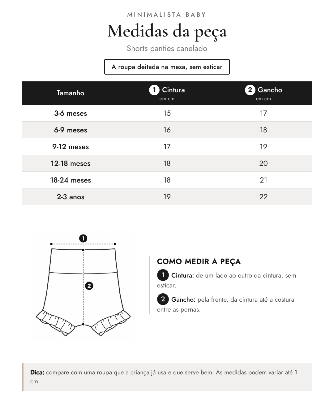 Tabela de medidas da peça | Shorts panties canelado