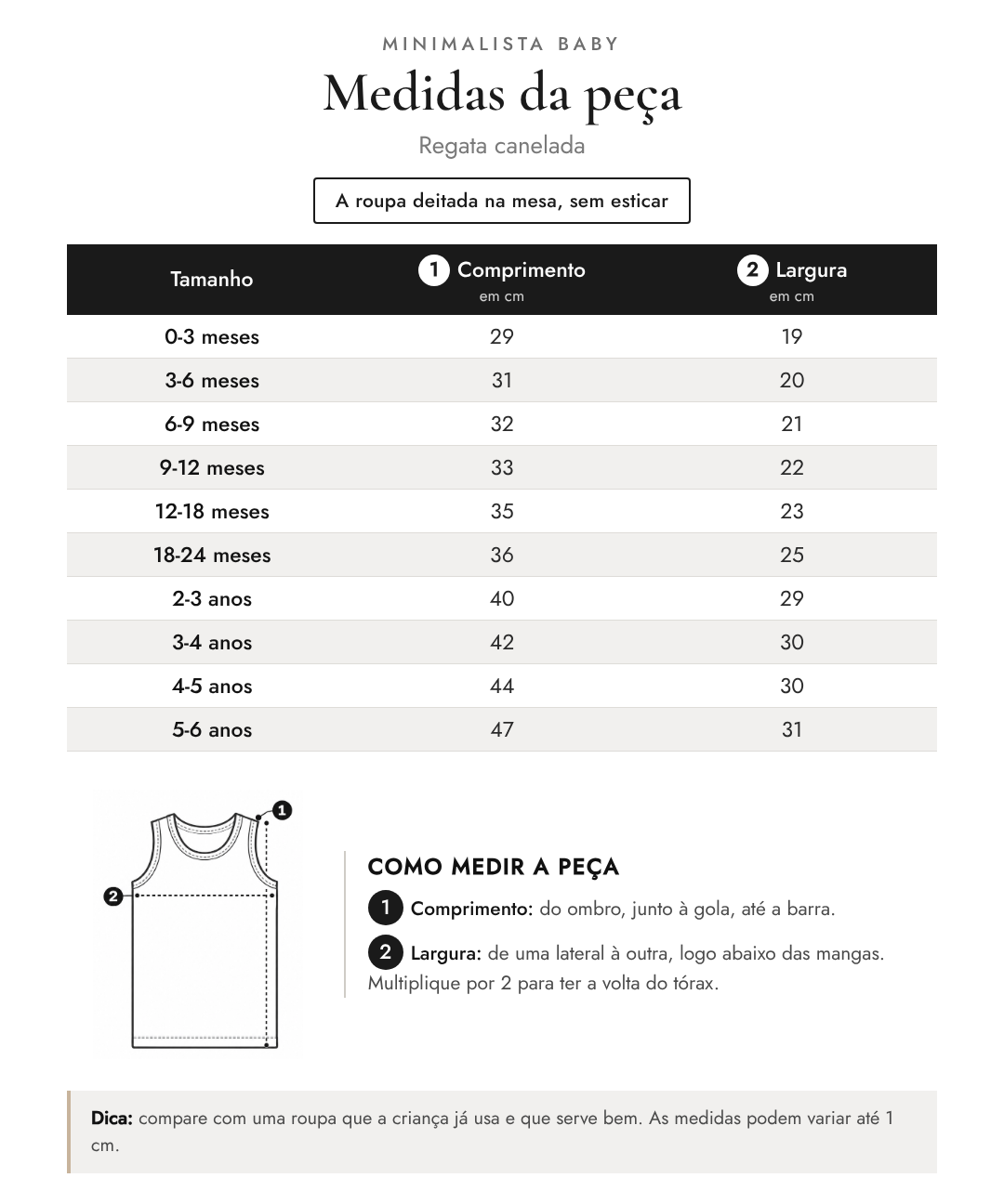 Tabela de medidas da peça | Regata canelada