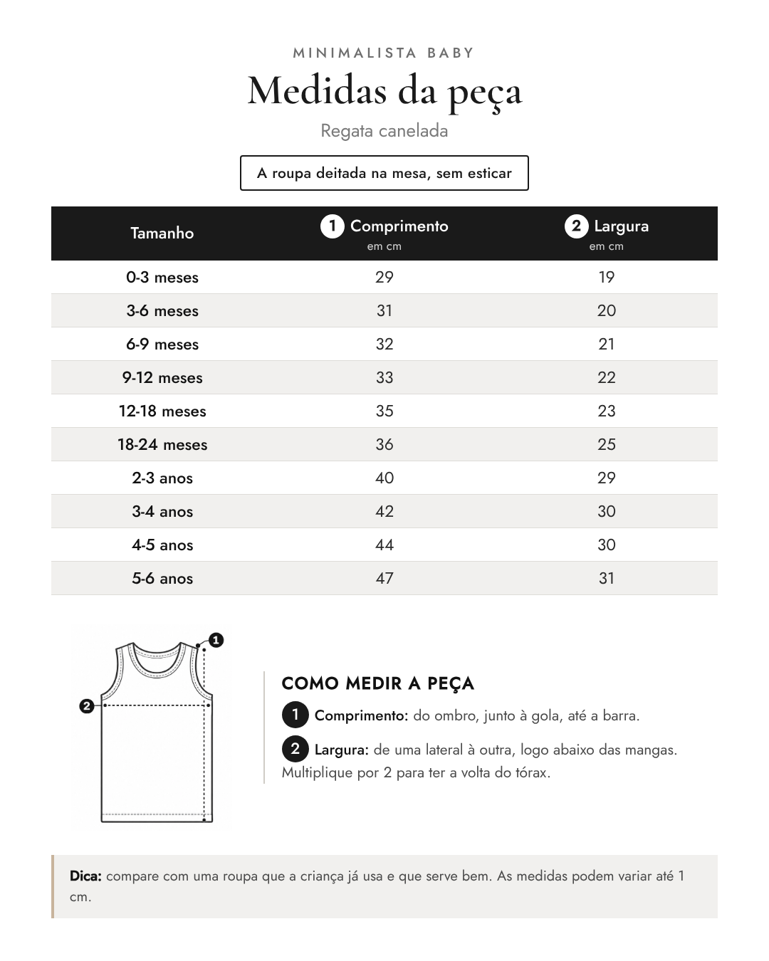 Tabela de medidas da peça | Regata canelada