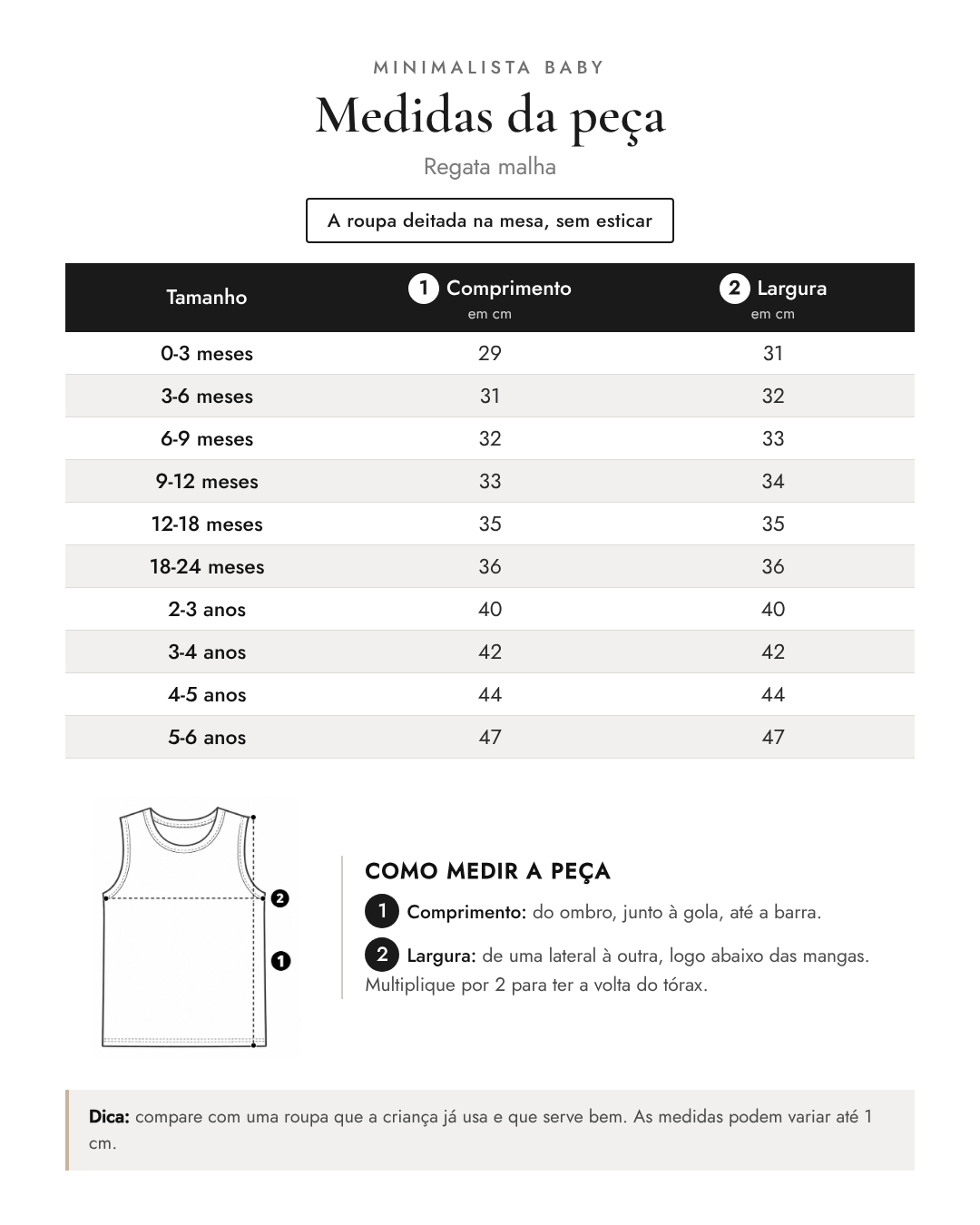 Tabela de medidas da peça | Regata malha