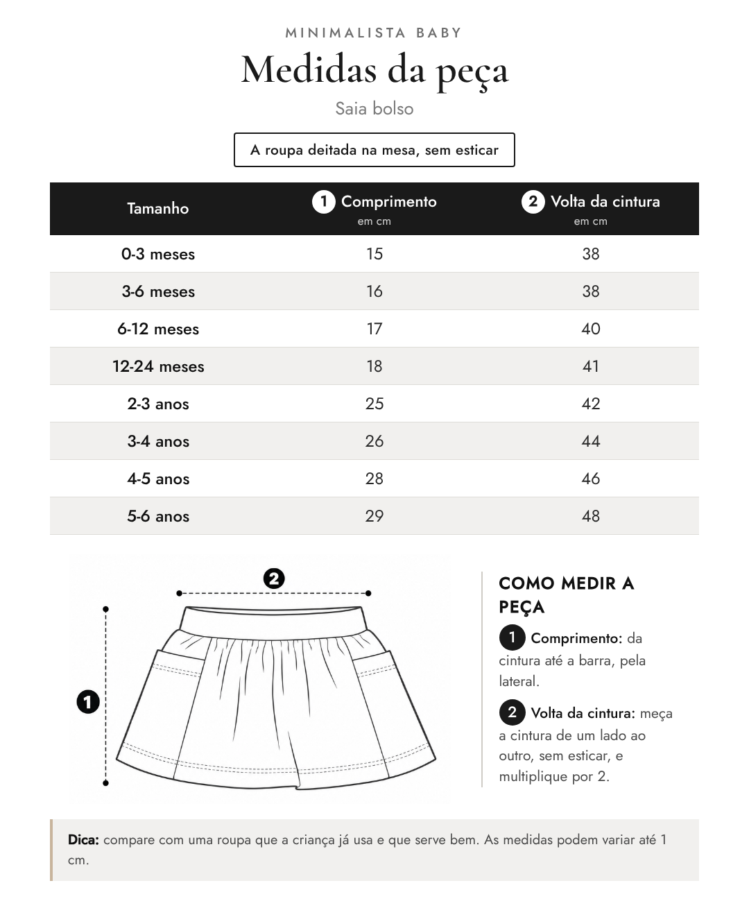 Tabela de medidas da peça | Saia bolso