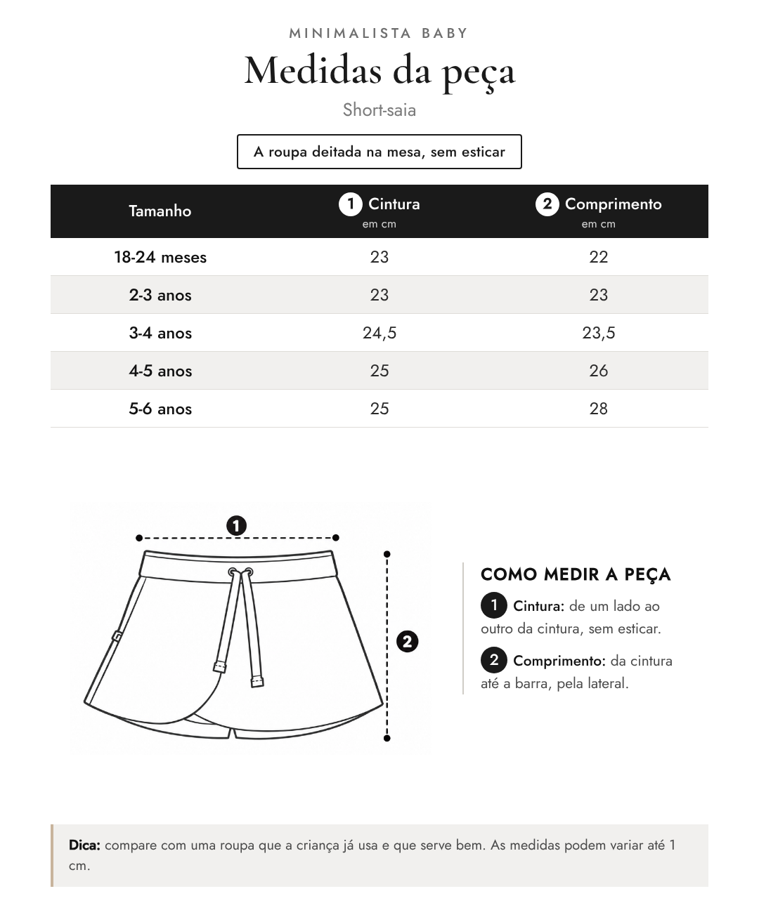 Tabela de medidas da peça | Short-saia