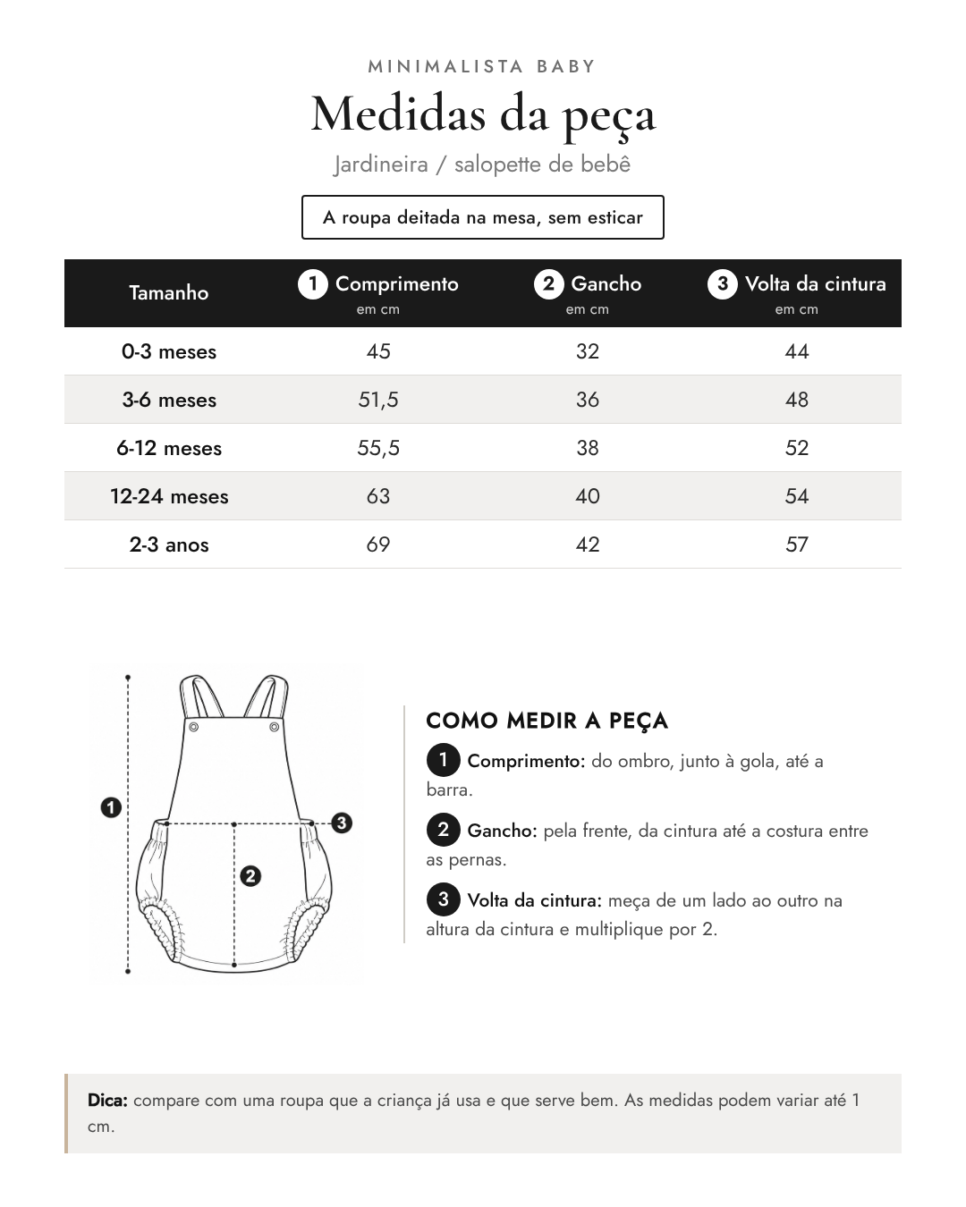 Tabela de medidas da peça | Jardineira / salopette de bebê