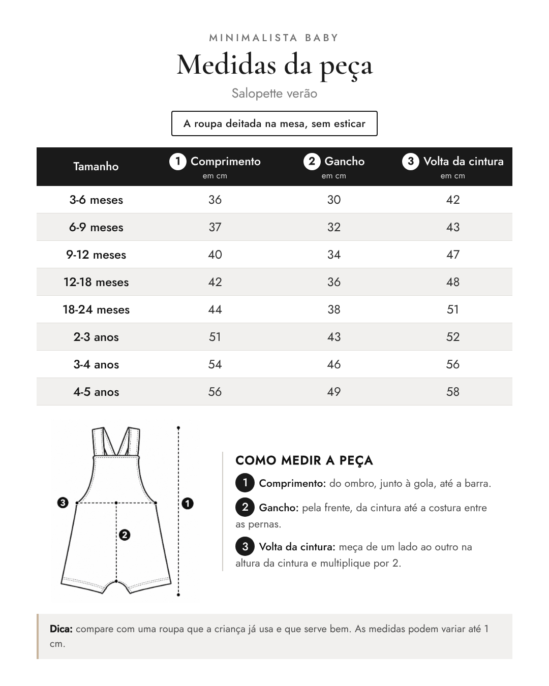 Tabela de medidas da peça | Salopette verão