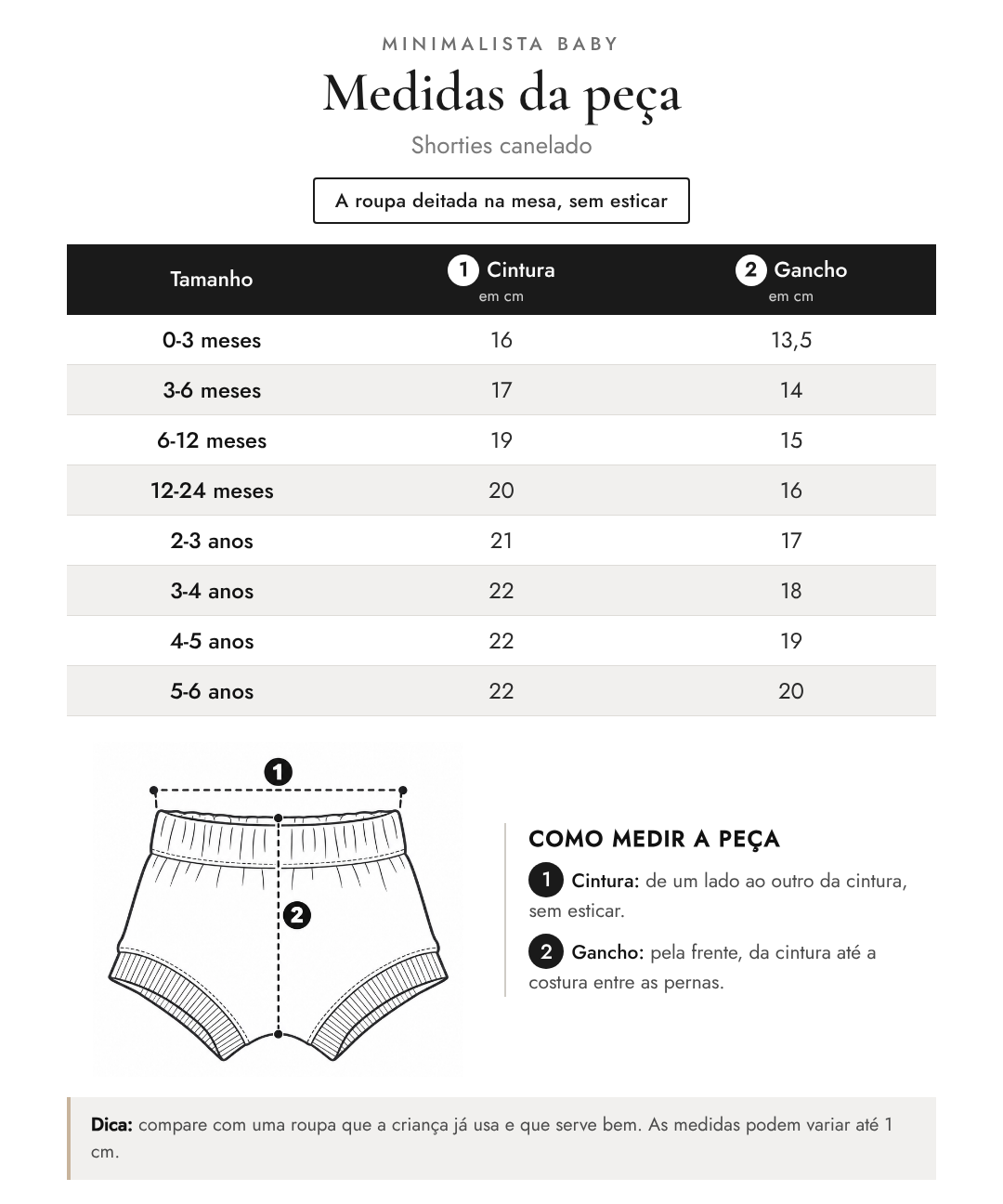 Tabela de medidas da peça | Shorties canelado