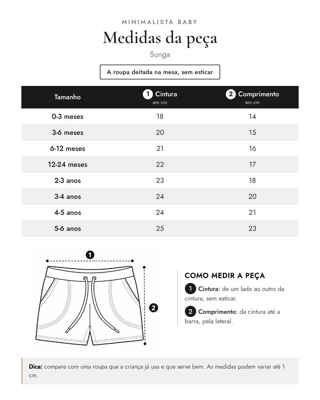 Tabela de medidas da peça | Sunga