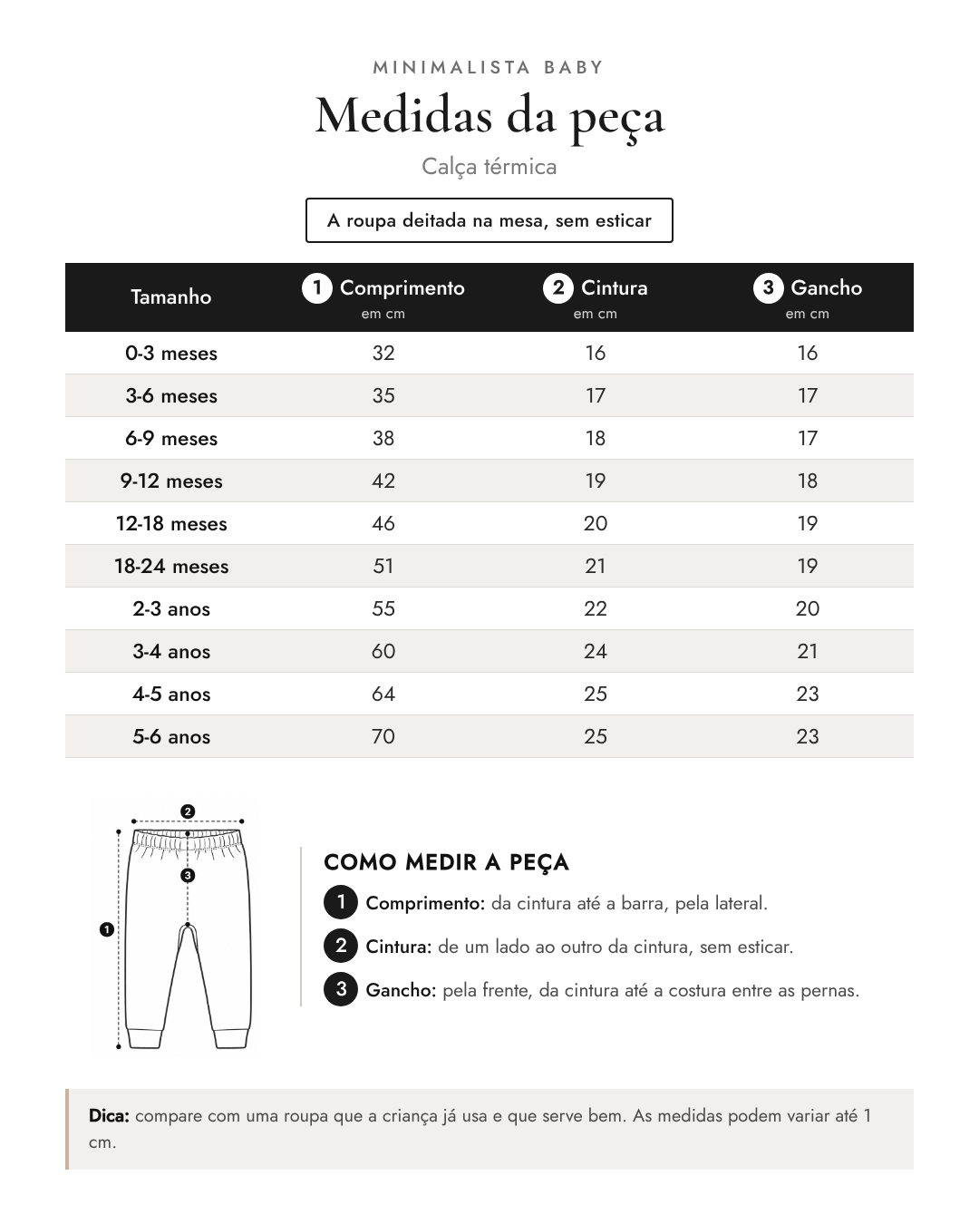 Tabela de medidas da peça | Calça térmica