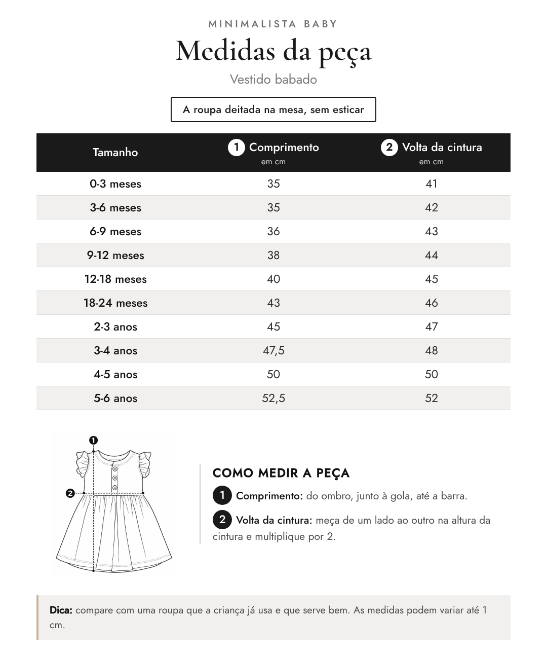 Tabela de medidas da peça | Vestido babado