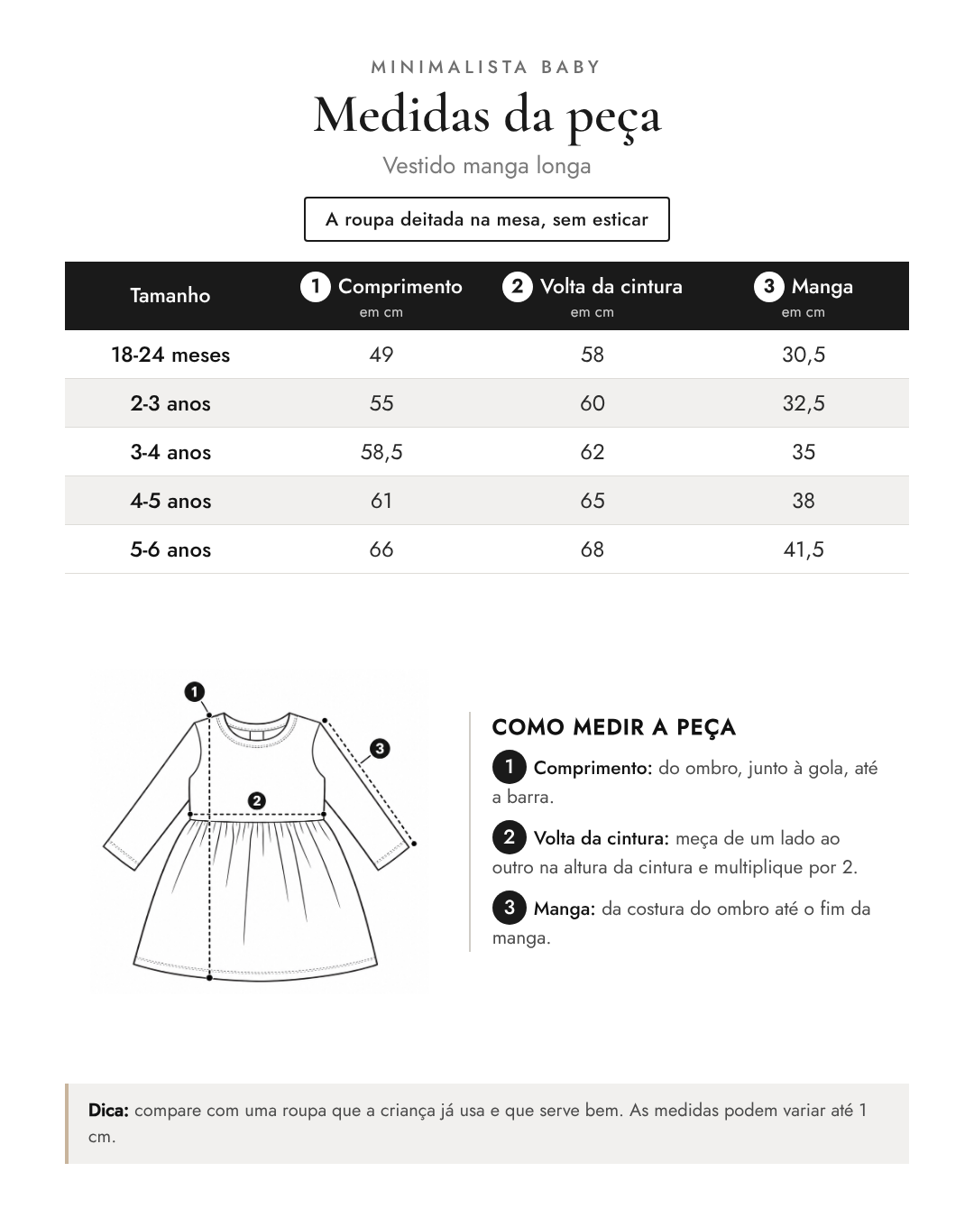 Tabela de medidas da peça | Vestido manga longa
