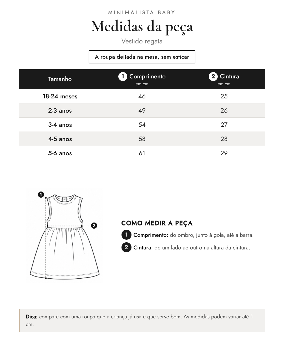 Tabela de medidas da peça | Vestido regata