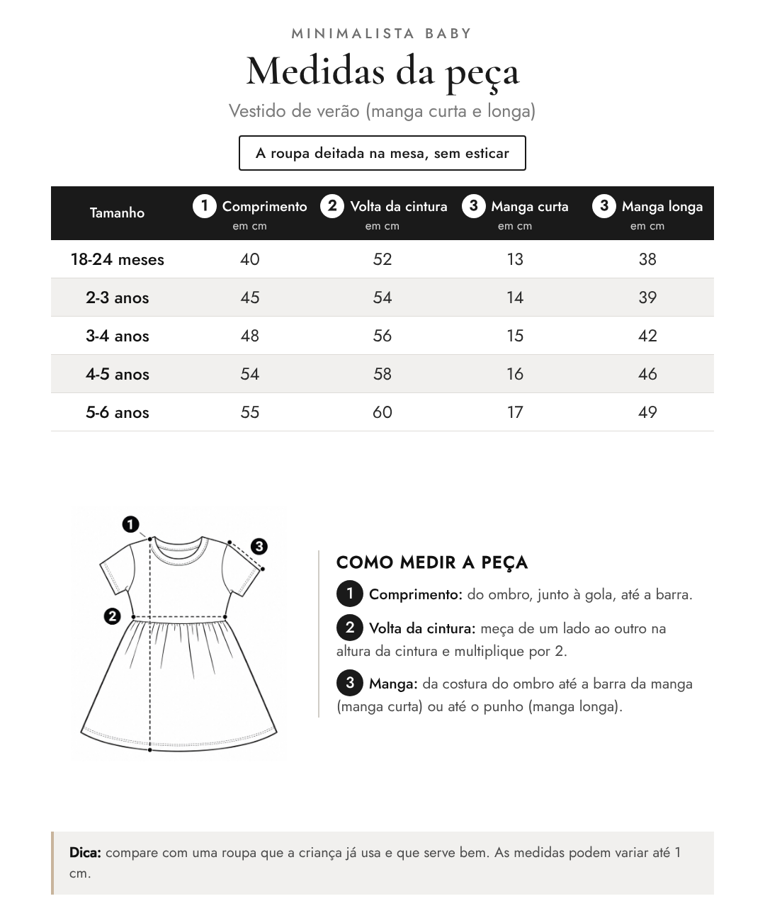 Tabela de medidas da peça | Vestido de verão (manga curta e longa)