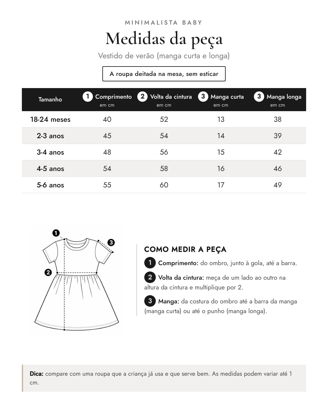 Tabela de medidas da peça | Vestido de verão (manga curta e longa)
