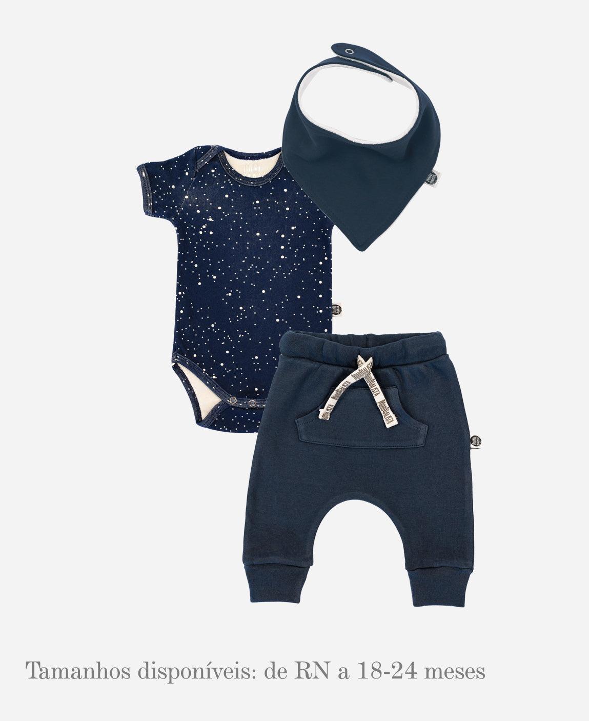 Look Bebê Body Stardust + Calça Bolsão e Babador Azul Marinho Ocean - MiniMalista Baby - b2b, Baby, bundle, Meia-Estação, Menino, outlet -bebê-minimalista-estiloso