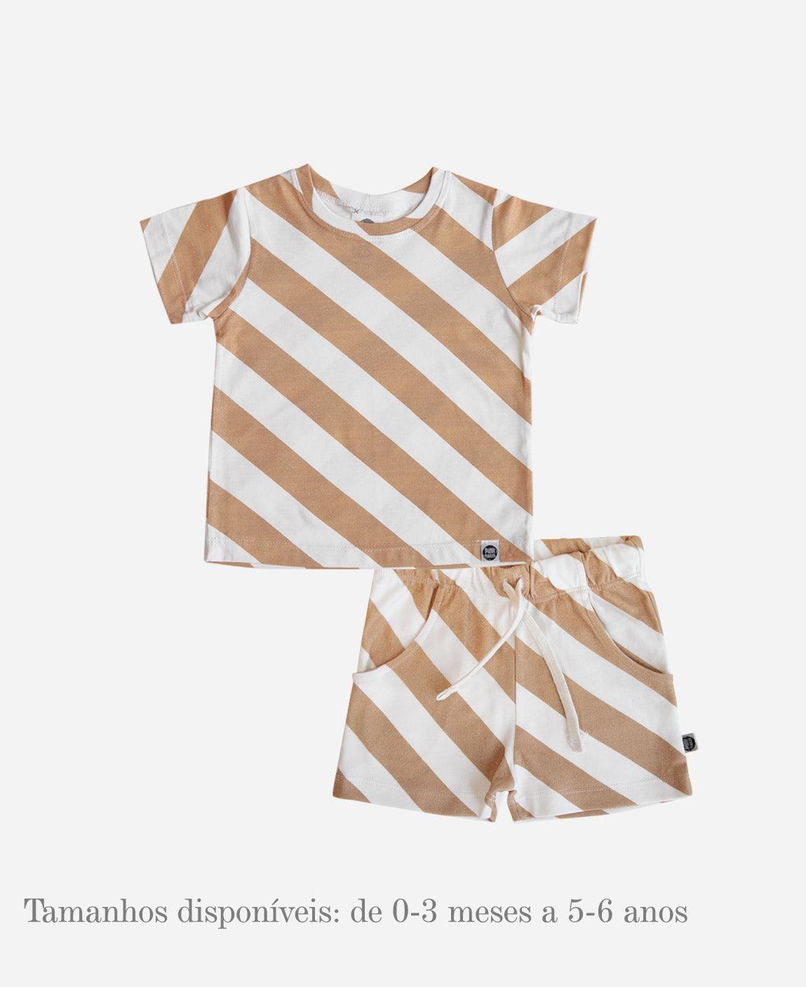Look Camiseta +Shorts Cargo Listras Diagonais Bege - MiniMalista Baby - b2b, Baby, bundle, Calor, Kids, Menina, Menino, Neutro, new, Unissex, Verão -bebê-minimalista-estiloso