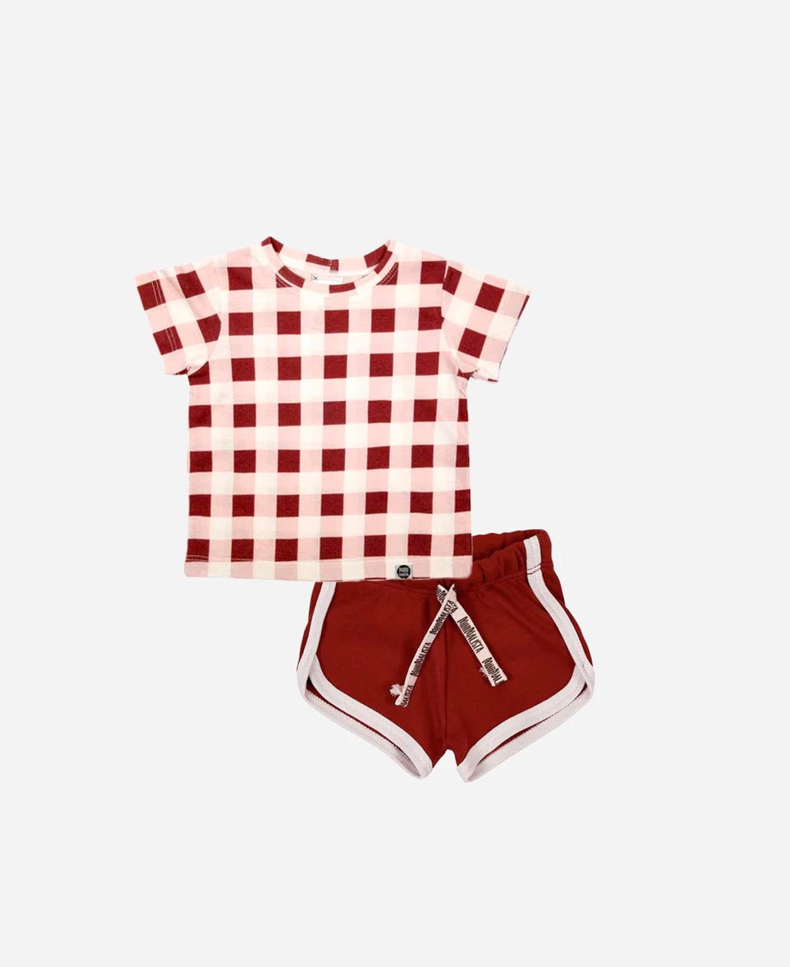 Look Camiseta Vichy Wine + Track Shorts Merlot - MiniMalista Baby - b2b, bundle, Calor, Christmas, Kids, Menina, natal, Verão, Xmas -bebê-minimalista-estiloso