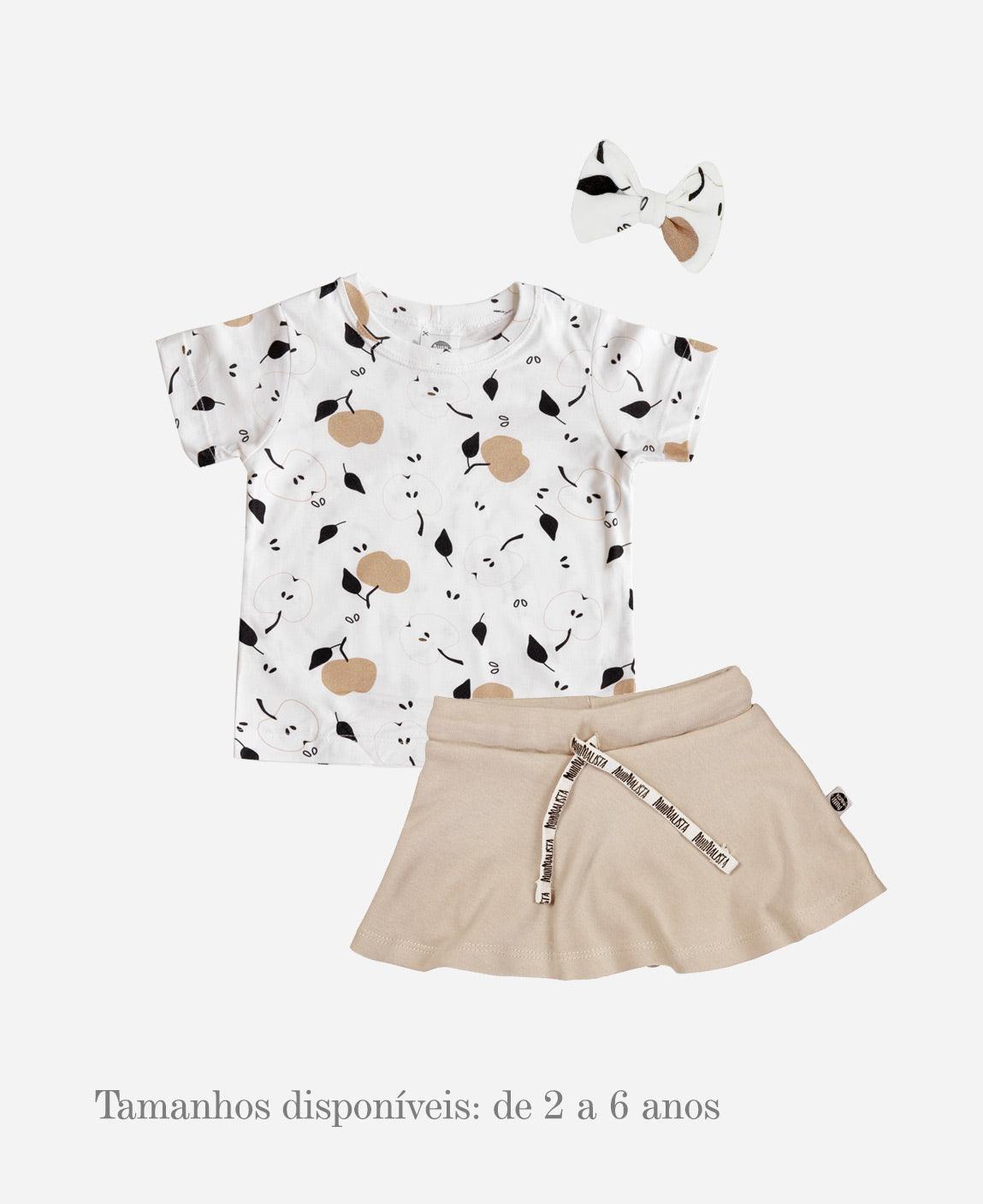 Look Infantil Camiseta Apples + Short-Saia Beige - MiniMalista Baby - anonovo, b2b, Baby, bundle, Calor, Kids, Menina, Menino, minime, Neutro, new, Unissex, Verão -bebê-minimalista-estiloso