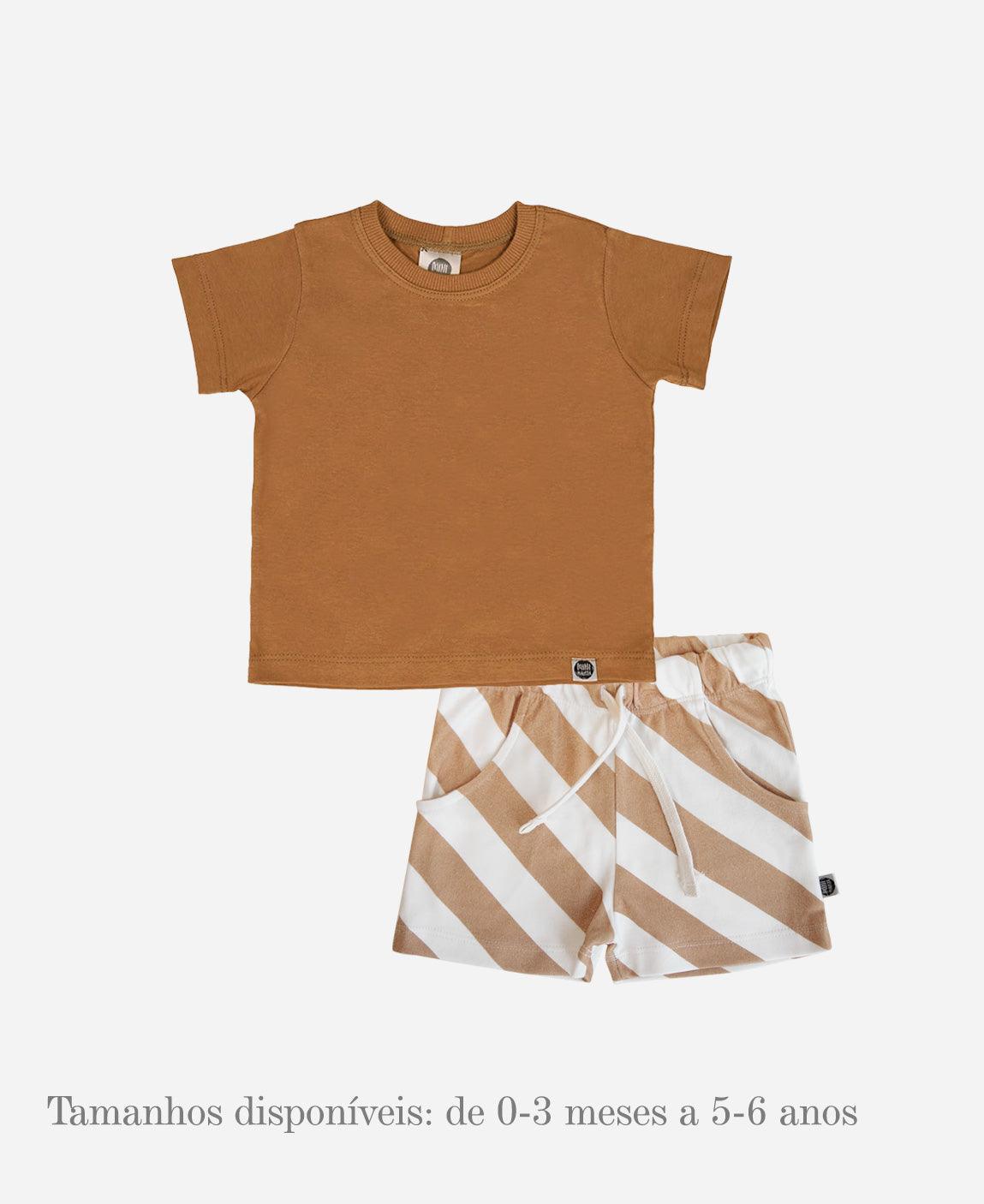 Look Infantil Camiseta Goldie +Shorts Cargo Listras Diagonais Bege - MiniMalista Baby - b2b, Baby, bundle, Calor, Kids, Menina, Menino, Neutro, new, Unissex, Verão -bebê-minimalista-estiloso